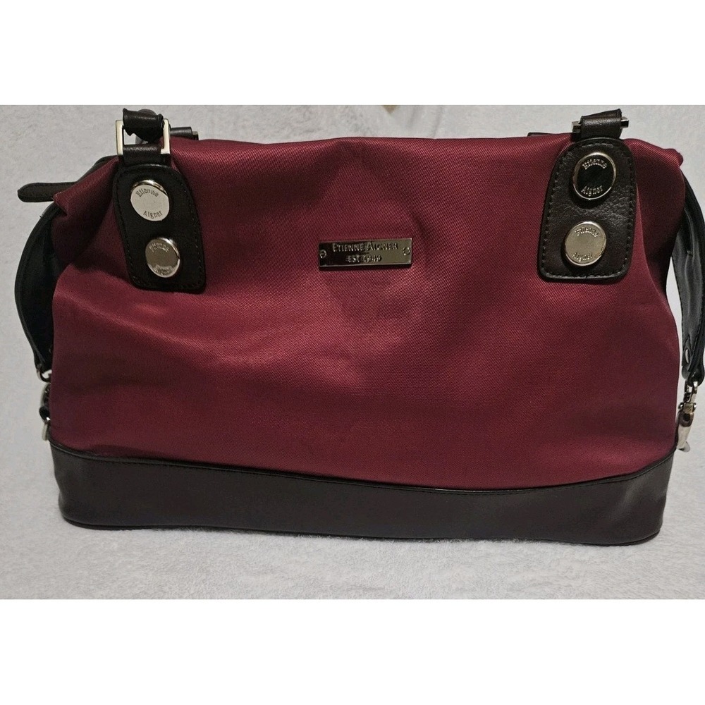 Etienne Aigner Burgundy Nylon Brown Leather Duffle Bowling Bag Purse Women